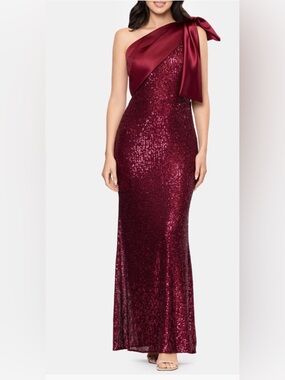 Besty & Adam Sequin Bow One-Shoulder Column burgundy Gown Size:4 $279
